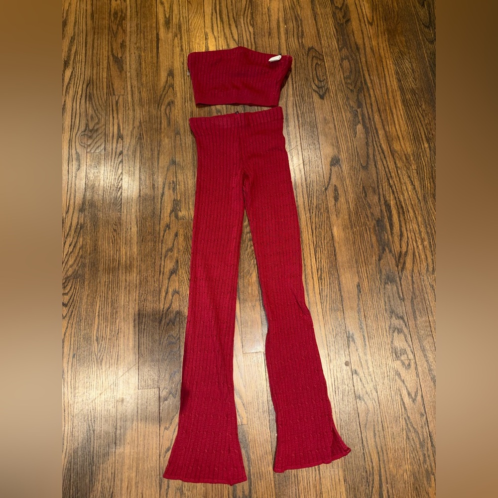 AKIRA Red Ribbed Flare Knit Pants and tube top set
